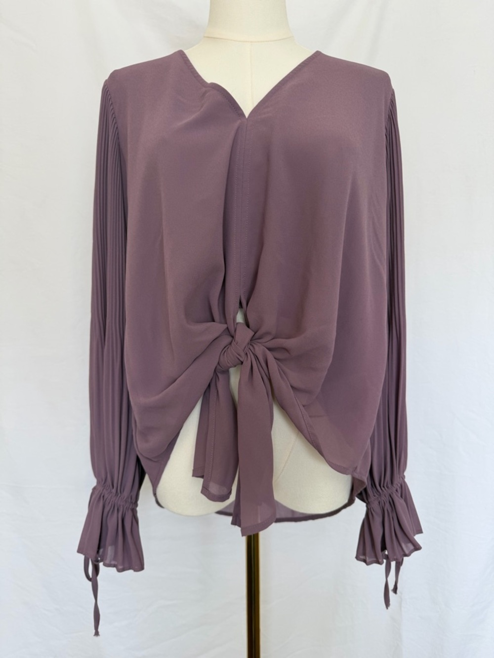 Tie-Front Pleated Sleeve Blouse - Dusty Mauve